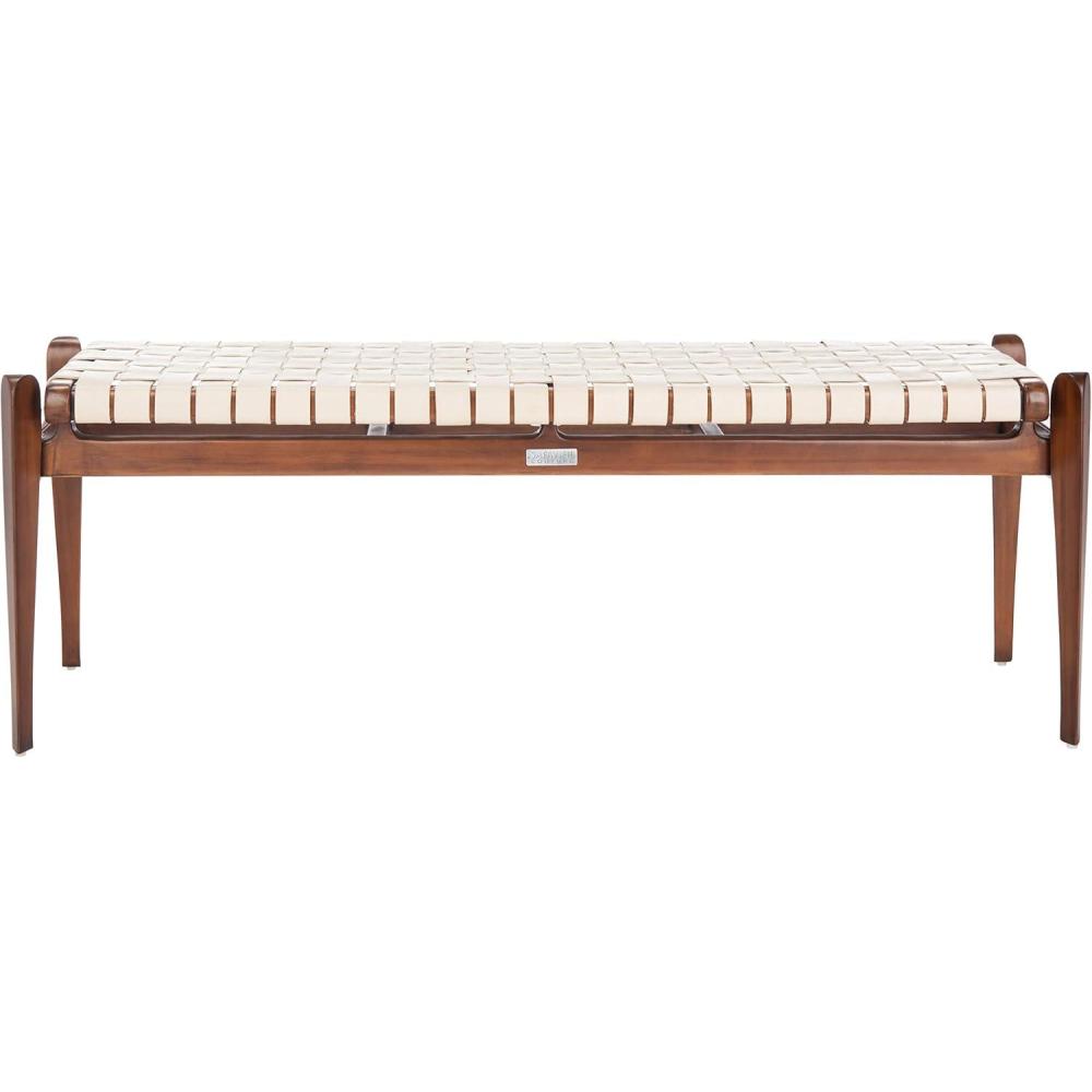 image:imageSafavieh Couture Home Dilan 47inch White and Light Brown Leather Weave BenchWhite  Light Brown