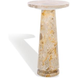 SAFAVIEH Couture Collection Valentia Small Accent Table, Round Beige Marble Top with Pedestal Base (SFV9704I)(Beige)