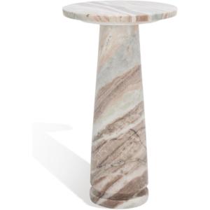 SAFAVIEH Couture Collection Valentia Small Accent Table, Round Beige Marble Top with Pedestal Base (SFV9704I)(White/Brown)