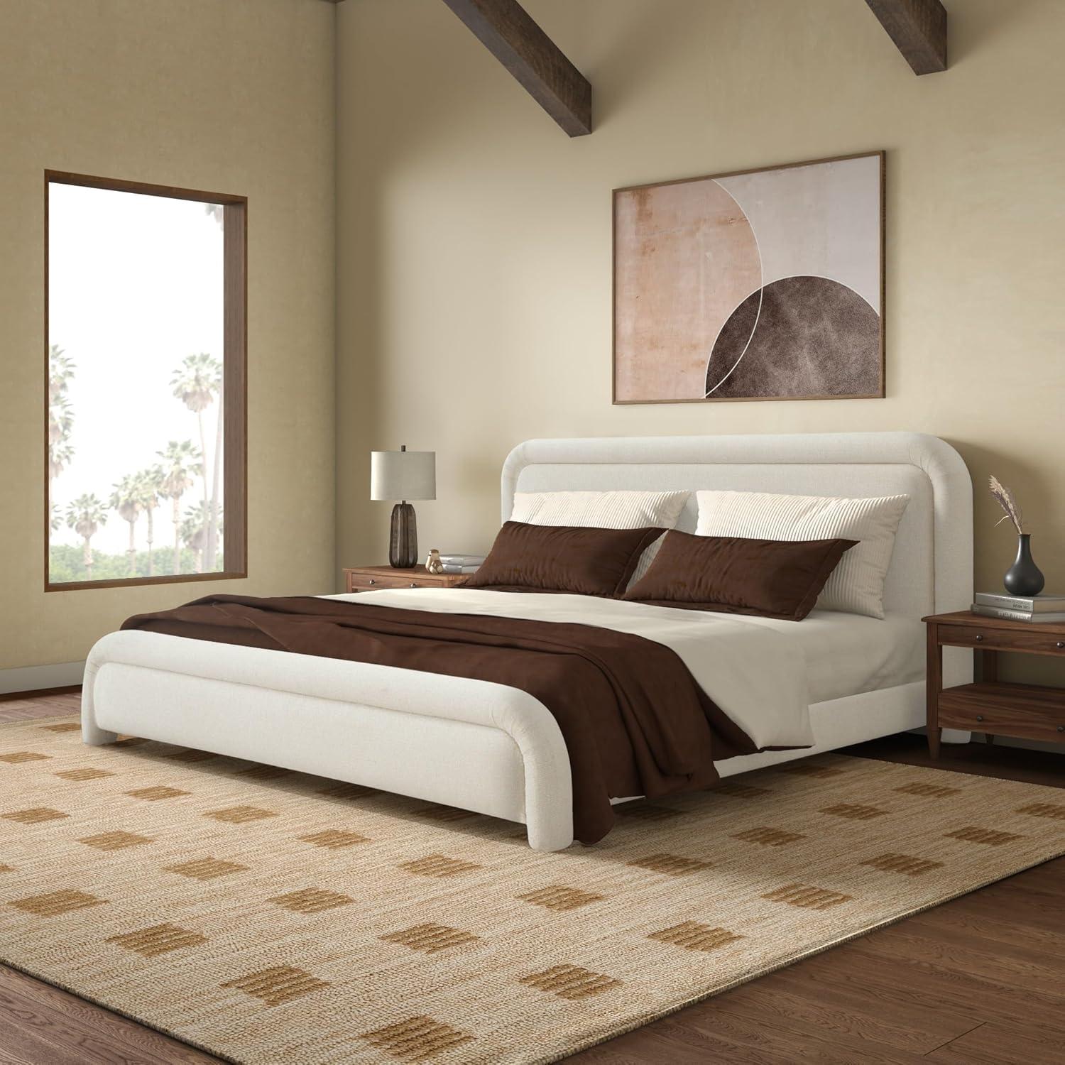 image:imageSAFAVIEH Couture Collection Adelle Cream Chenille Upholstered Queen Bed Rounded Modern Frame Design No Box Spring Needed SFV4874AQCreme
