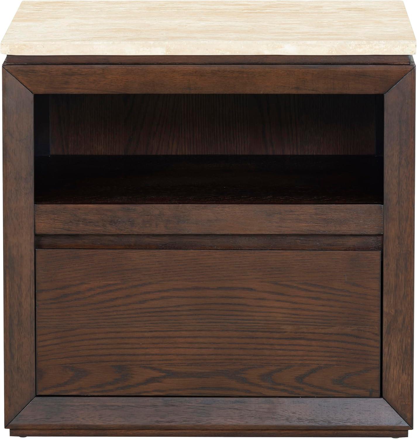 image:imageSAFAVIEH Couture Collection Alaura Travertine Top amp Oak Nightstand Modern Bedside Table with Drawer amp Shelf Fully Assembled SFV2222ATravertineWalnut