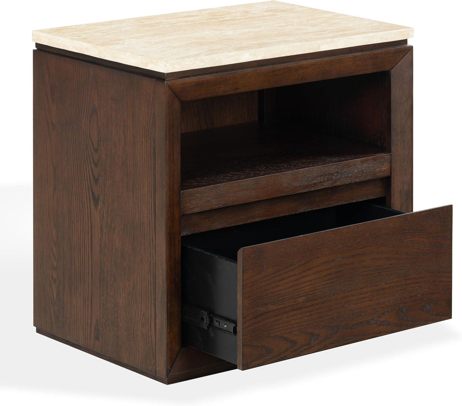 image:imageSAFAVIEH Couture Collection Alaura Travertine Top amp Oak Nightstand Modern Bedside Table with Drawer amp Shelf Fully Assembled SFV2222ATravertineWalnut