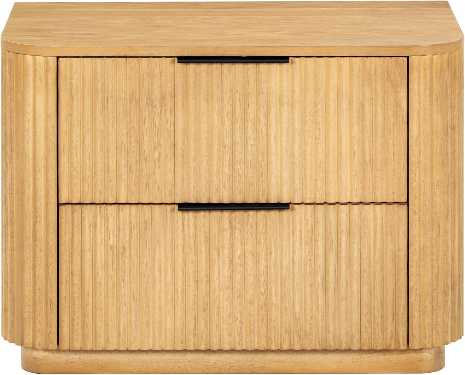 image:imageSAFAVIEH Couture Collection Barrymore Greige Oak Reeded Wood 2 Drawer Nightstand Fully Assembled Modern Storage Accent with Black Metal Hardware SFV2225AGreige Oak