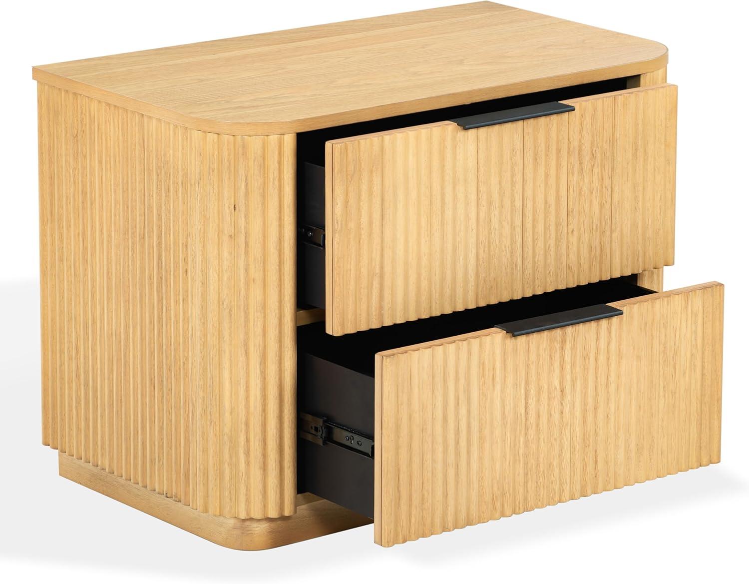 image:imageSAFAVIEH Couture Collection Barrymore Greige Oak Reeded Wood 2 Drawer Nightstand Fully Assembled Modern Storage Accent with Black Metal Hardware SFV2225AGreige Oak