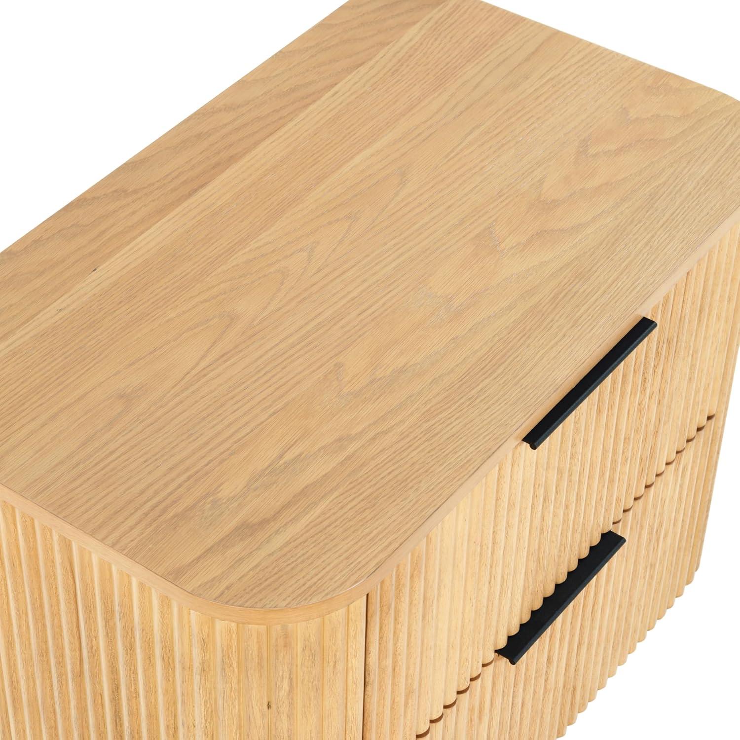 image:imageSAFAVIEH Couture Collection Barrymore Greige Oak Reeded Wood 2 Drawer Nightstand Fully Assembled Modern Storage Accent with Black Metal Hardware SFV2225AGreige Oak