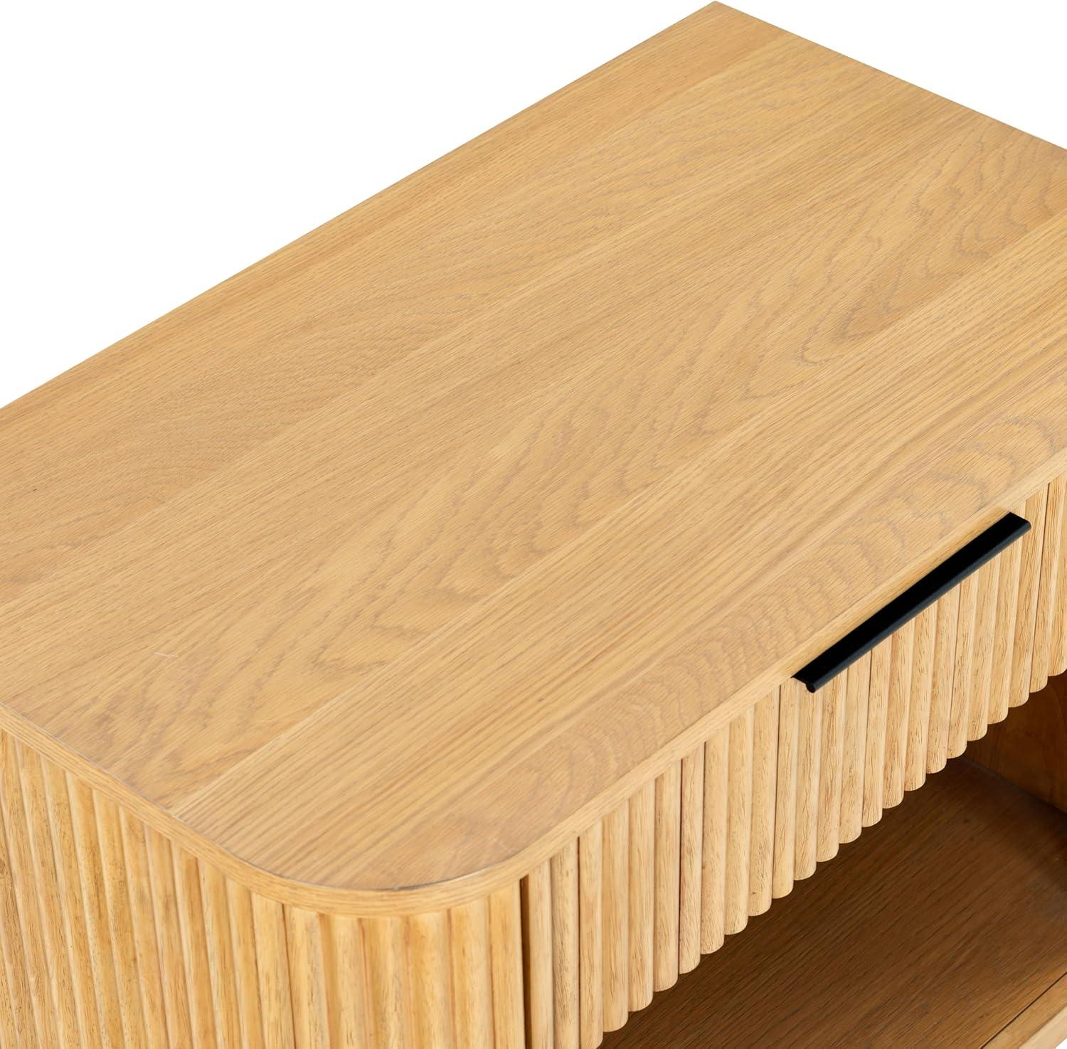 image:imageSAFAVIEH Couture Collection Barrymore Greige Oak Reeded Wood Nightstand 1 Drawer Bedside Table with Open Shelf Fully Assembled SFV2224AGreige Oak