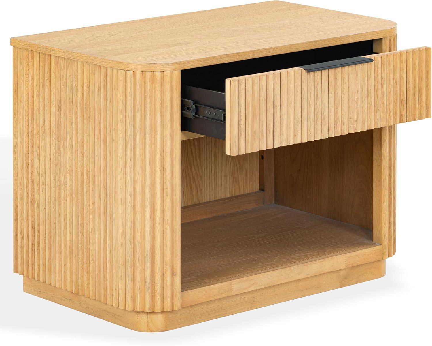 image:imageSAFAVIEH Couture Collection Barrymore Greige Oak Reeded Wood Nightstand 1 Drawer Bedside Table with Open Shelf Fully Assembled SFV2224AGreige Oak