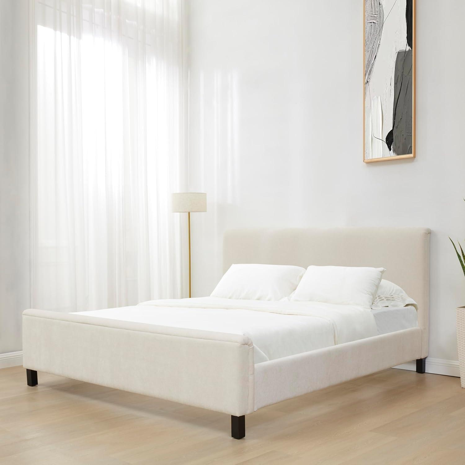 image:imageSAFAVIEH Couture Collection Finney Cream Upholstered Queen Bed Modern Minimalist Design No Box Spring Needed SFV4872AQCreme