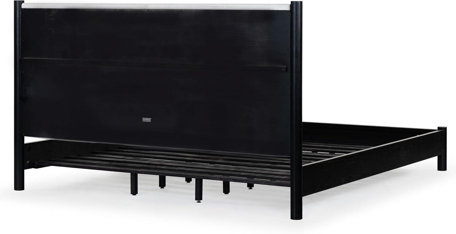 image:imageSAFAVIEH Couture Collection Jaylessa King Natural Wood Frame Bed Brown Fabric Upholstered Headboard No Box Spring Needed SFV2169DKBlackBeige