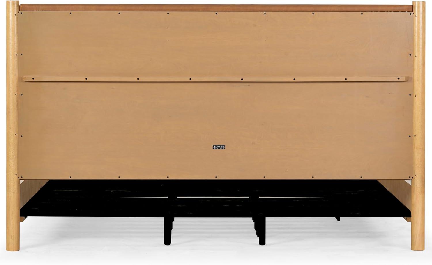image:imageSAFAVIEH Couture Collection Jaylessa King Natural Wood Frame Bed Brown Fabric Upholstered Headboard No Box Spring Needed SFV2169DKNaturalBrown