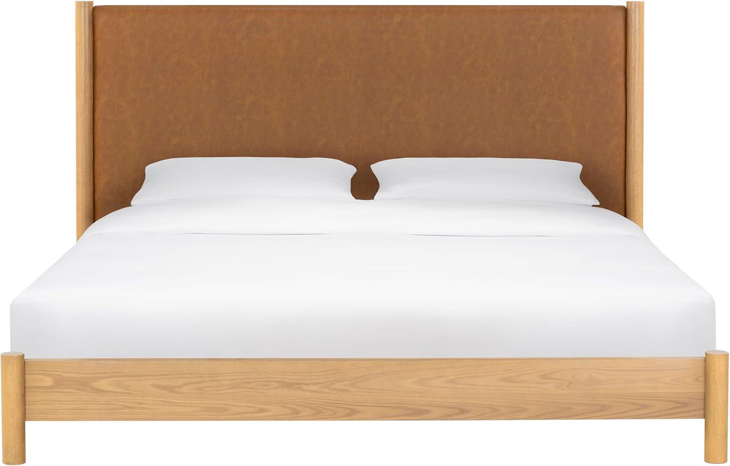 image:imageSAFAVIEH Couture Collection Jaylessa King Natural Wood Frame Bed Brown Fabric Upholstered Headboard No Box Spring Needed SFV2169DKNaturalBrown