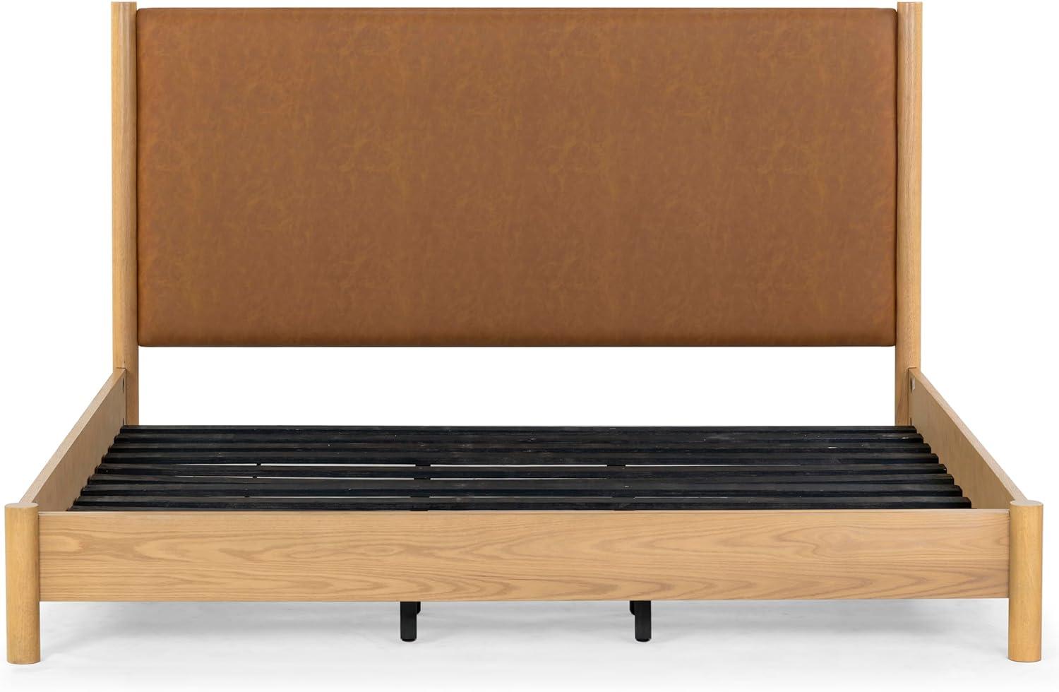 image:imageSAFAVIEH Couture Collection Jaylessa King Natural Wood Frame Bed Brown Fabric Upholstered Headboard No Box Spring Needed SFV2169DKNaturalBrown