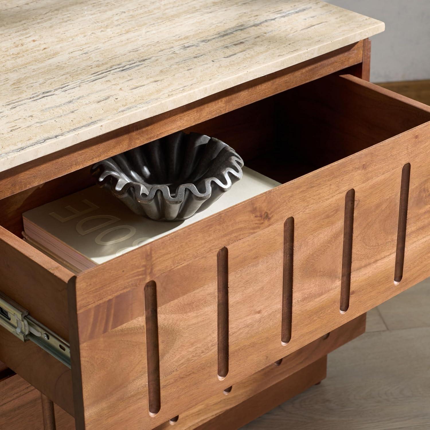 image:imageSAFAVIEH Couture Collection Kaylissa Walnut amp Travertine Top 2 Drawer Nightstand Solid Wood Bedroom Furniture Fully Assembled SFV9757ATravertineWalnut