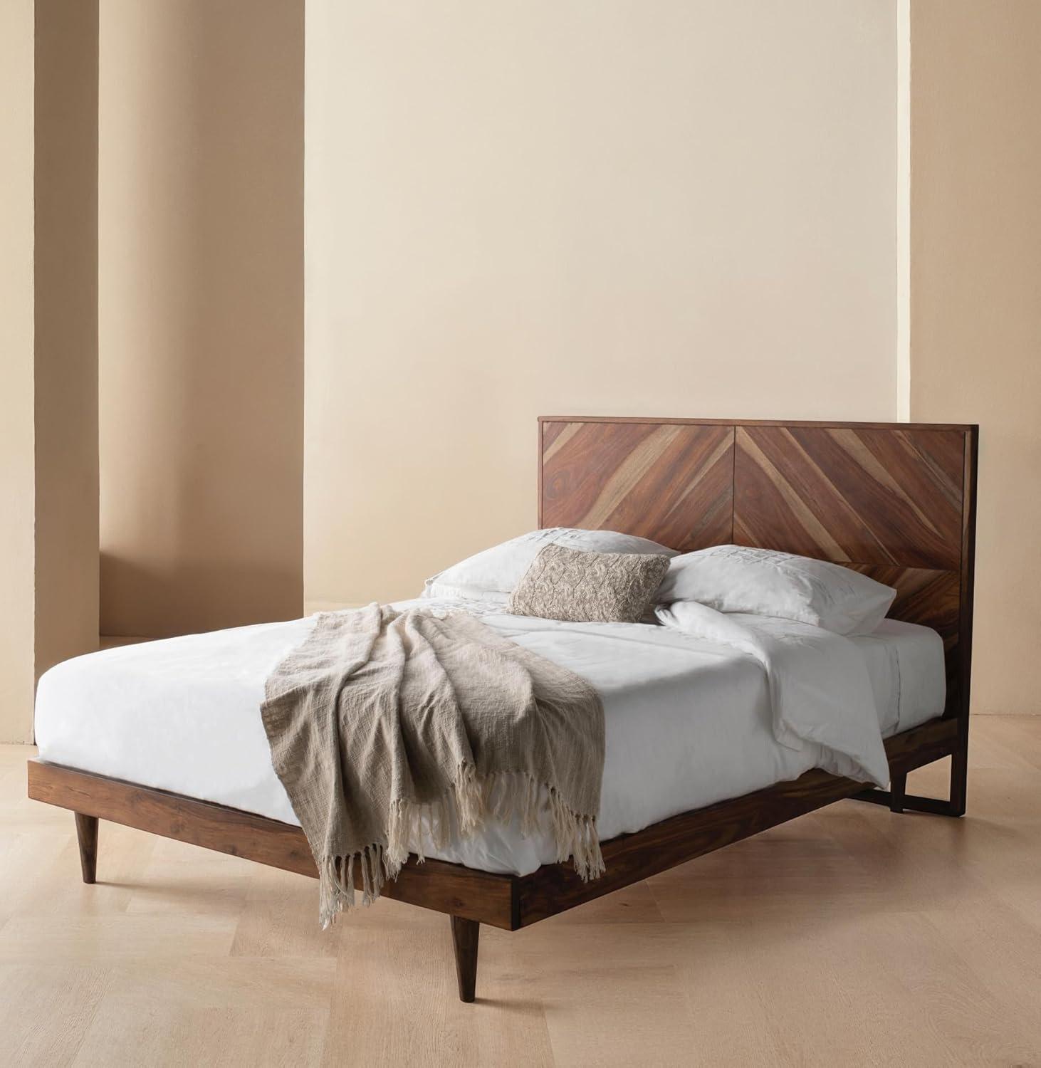 image:imageSAFAVIEH Couture Collection Maci Bryn Natural Wood Herringbone Queen Bed Modern Bedroom Furniture DUP1009AQNatural