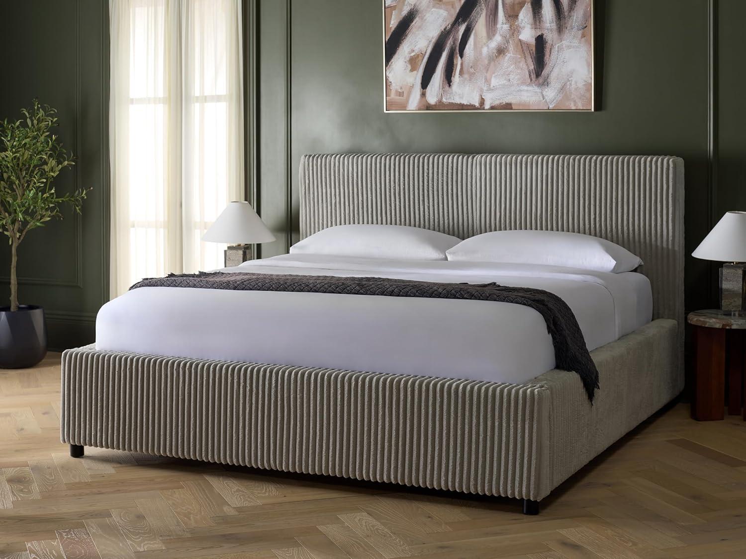 image:imageSAFAVIEH Couture Collection Mallika Grey Corduroy Queen Bed Channel Tufted Headboard Plush Upholstery No Box Spring Needed SFV6117BQGreyBlack