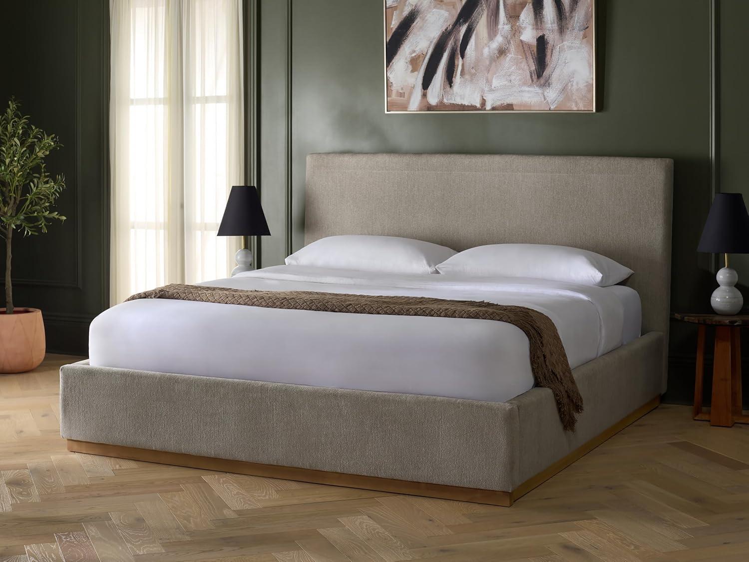 image:imageSAFAVIEH Couture Collection Pippin Light Brown Velvet Upholstered Queen Bed with Headboard No Box Spring Required SFV5063BQGreyNatural