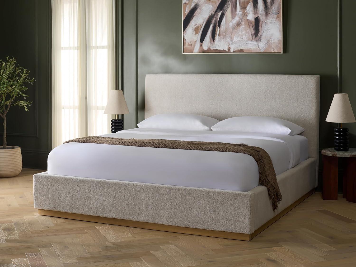 image:imageSAFAVIEH Couture Collection Pippin Light Brown Velvet Upholstered Queen Bed with Headboard No Box Spring Required SFV5063BQIvoryNatural