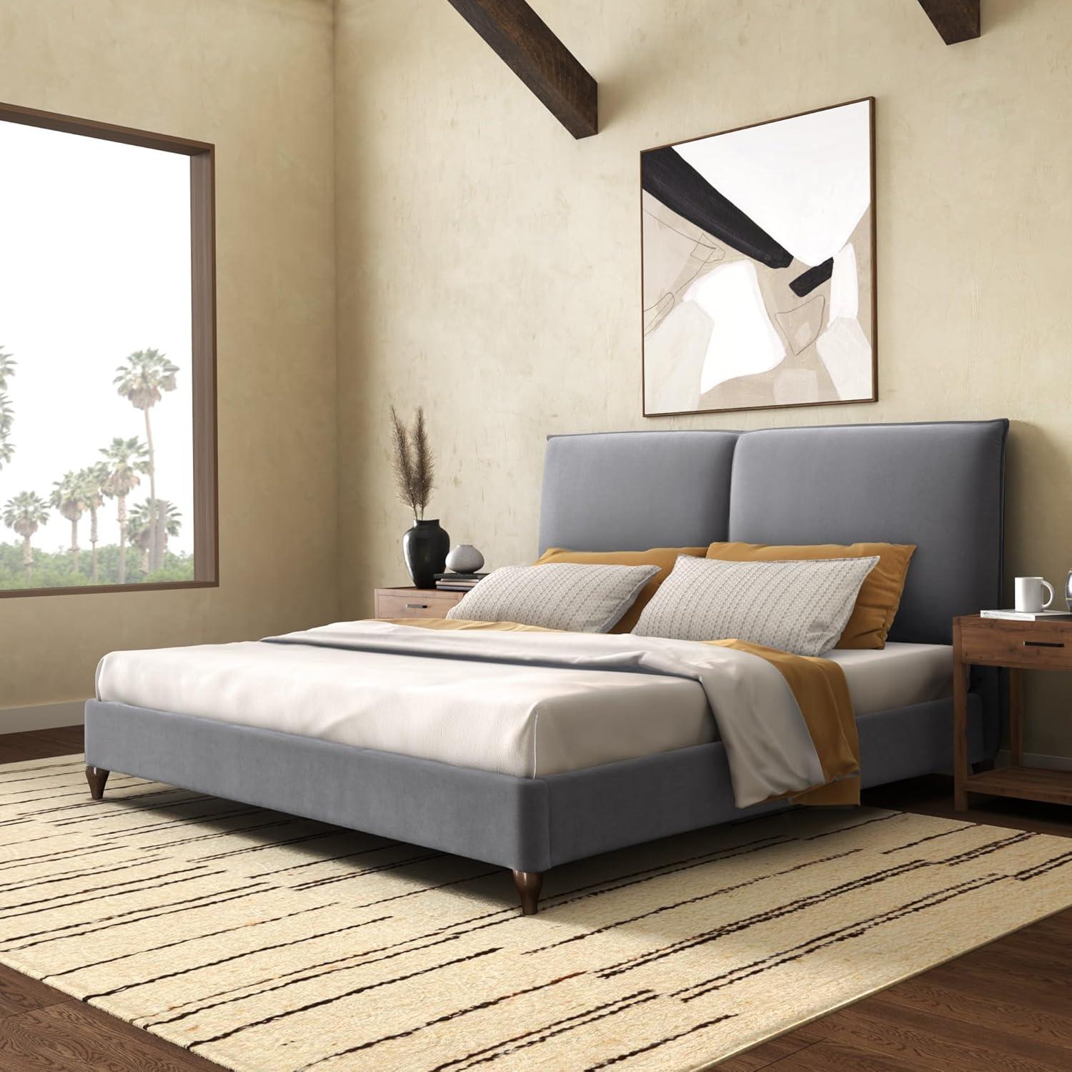 image:imageSAFAVIEH Couture Collection Sophianna Dark Grey Upholstered Platform Bed with Headboard Queen Size Modern Design SFV1801BQDark GreyWalnut