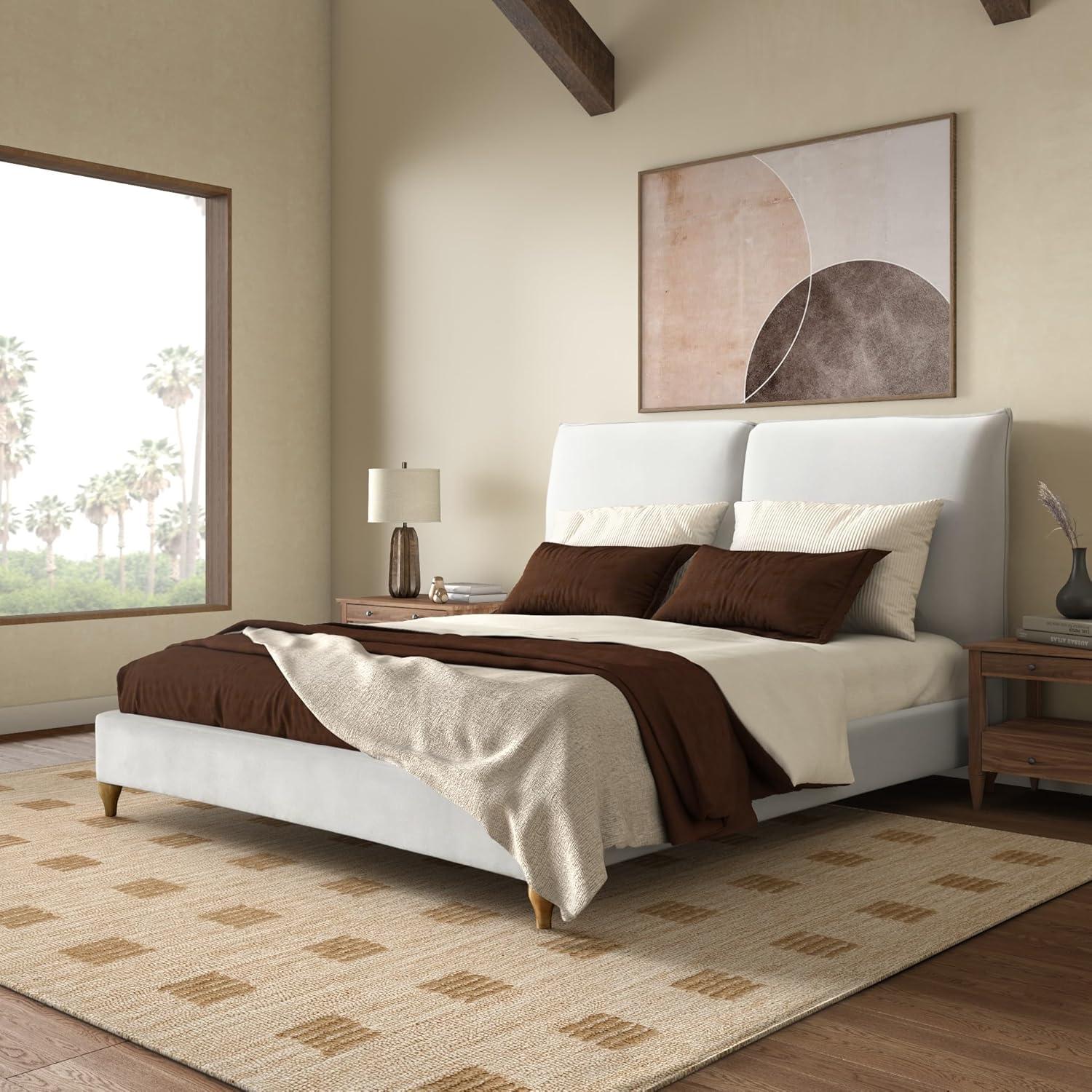 image:imageSAFAVIEH Couture Collection Sophianna Dark Grey Upholstered Platform Bed with Headboard Queen Size Modern Design SFV1801BQIvoryNatural