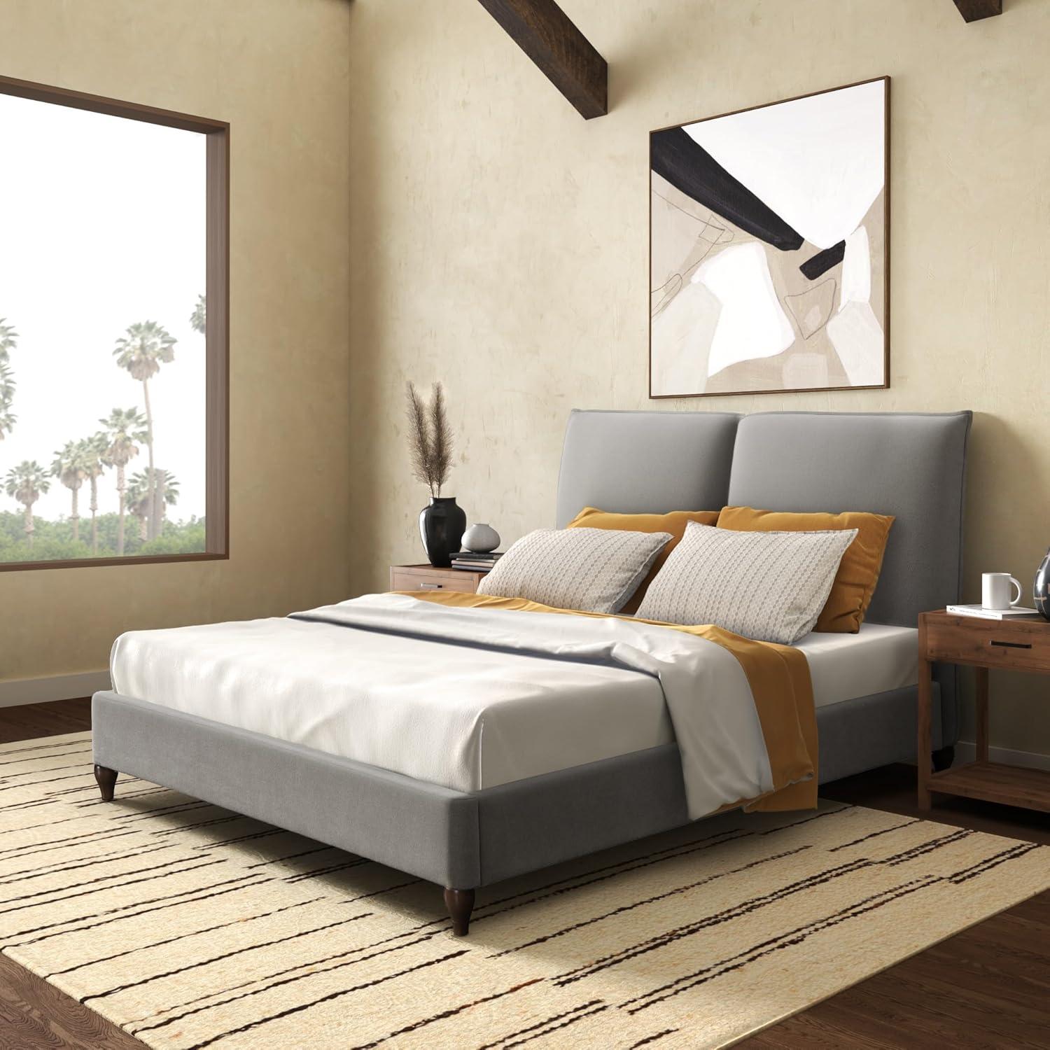 image:imageSAFAVIEH Couture Collection Sophianna Dark Grey Upholstered Platform Bed with Headboard Queen Size Modern Design SFV1801BQWalnutLight Grey