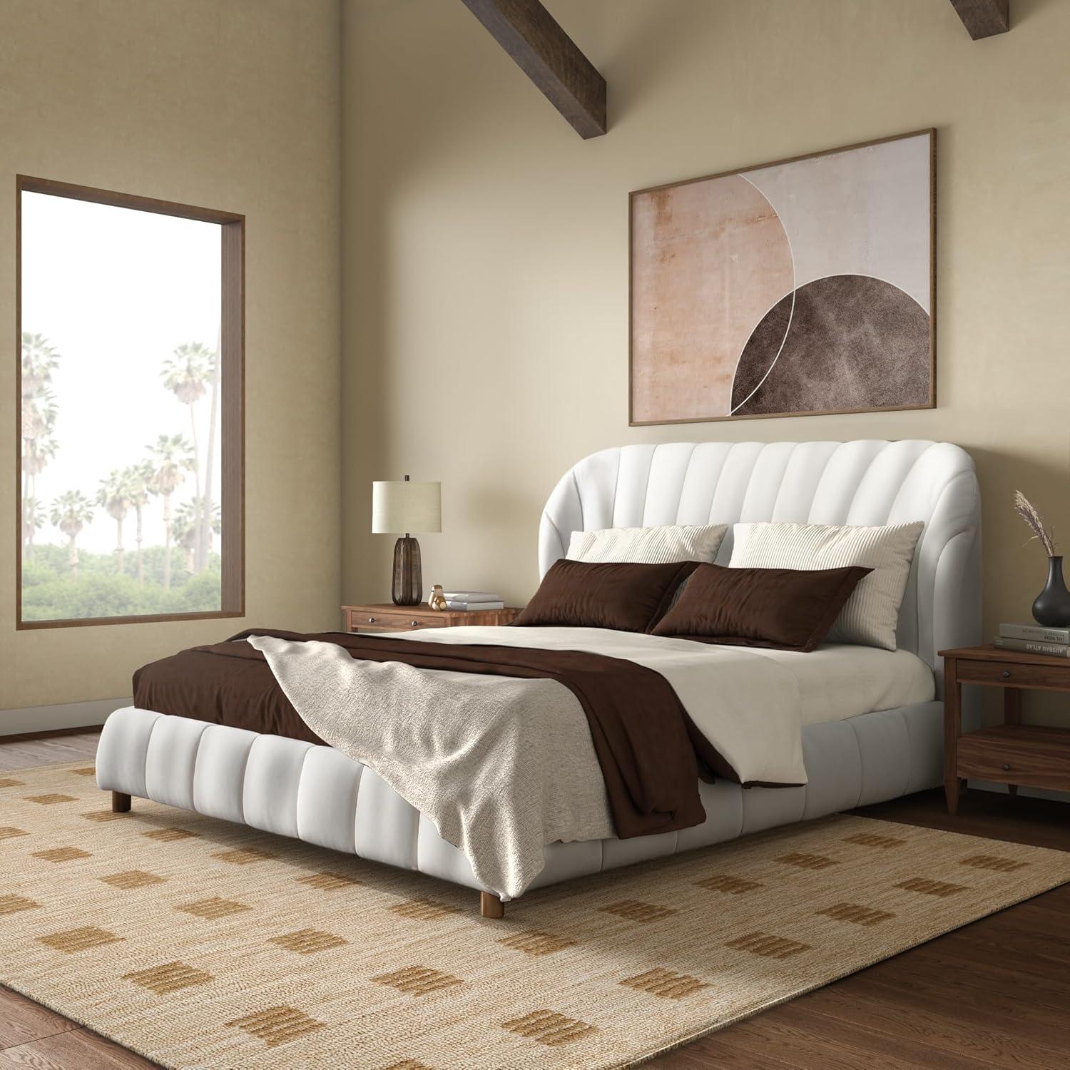 image:imageSAFAVIEH Couture Collection Tillie Dark Grey Channel Tufted Queen Bed Curved Headboard No Box Spring Needed SFV1800BQIvoryNatural