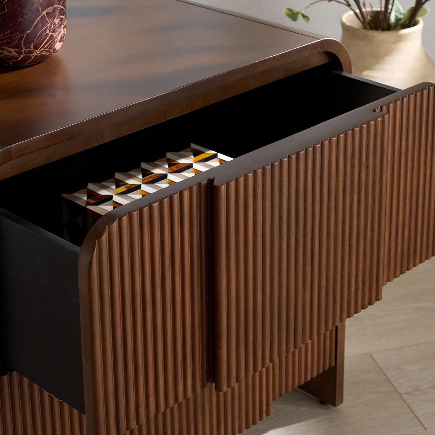 image:imageSAFAVIEH Couture Collection Vitale Walnut Brown Reeded Wood Nightstand 2 Drawers Modern Accent Bedroom Side Table Fully Assembled SFV4259BWalnut