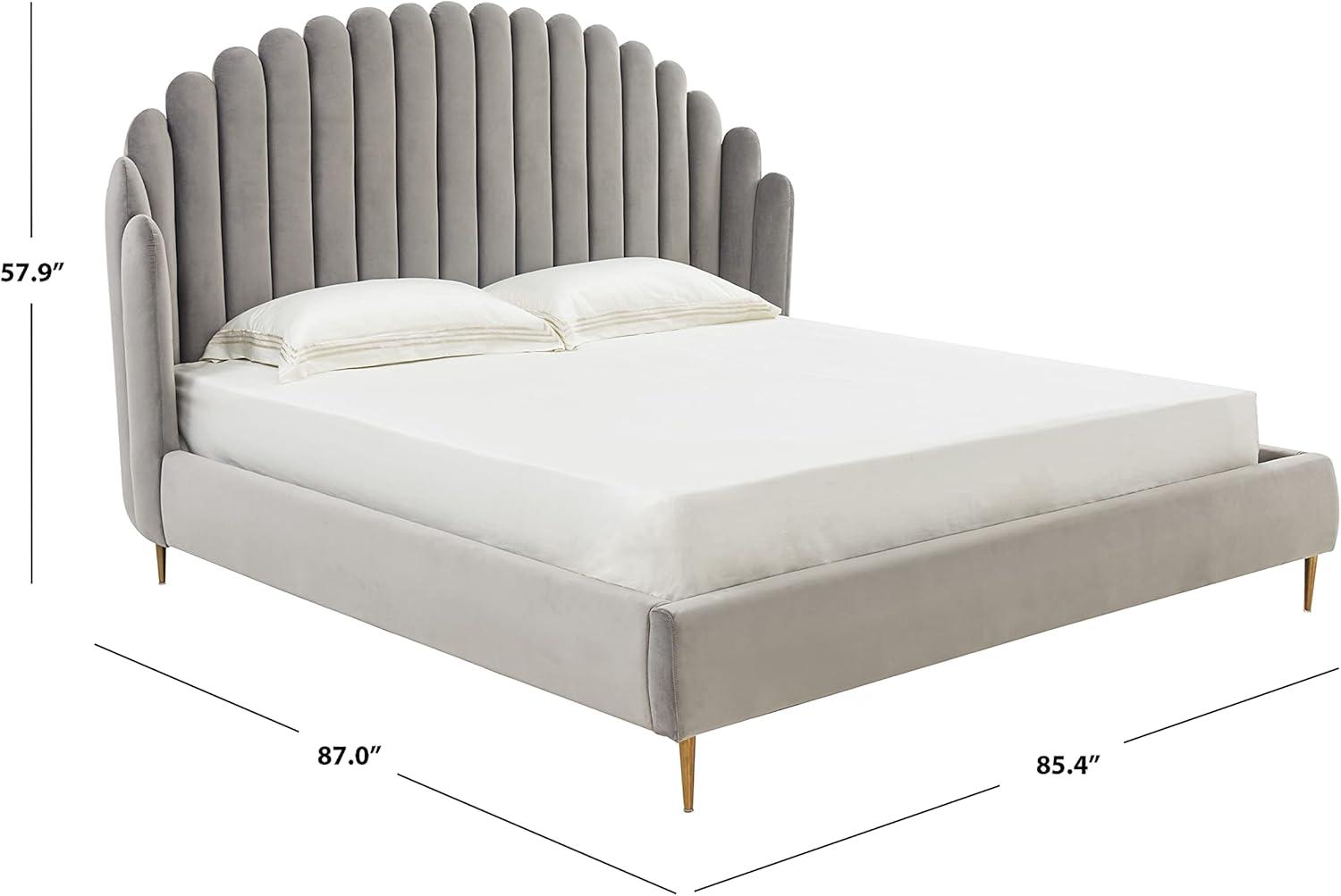 image:imageSAFAVIEH Couture Home Collection Rosabella Light Grey Velvet and Gold Channel Tufted Queen BedLight GreyGold
