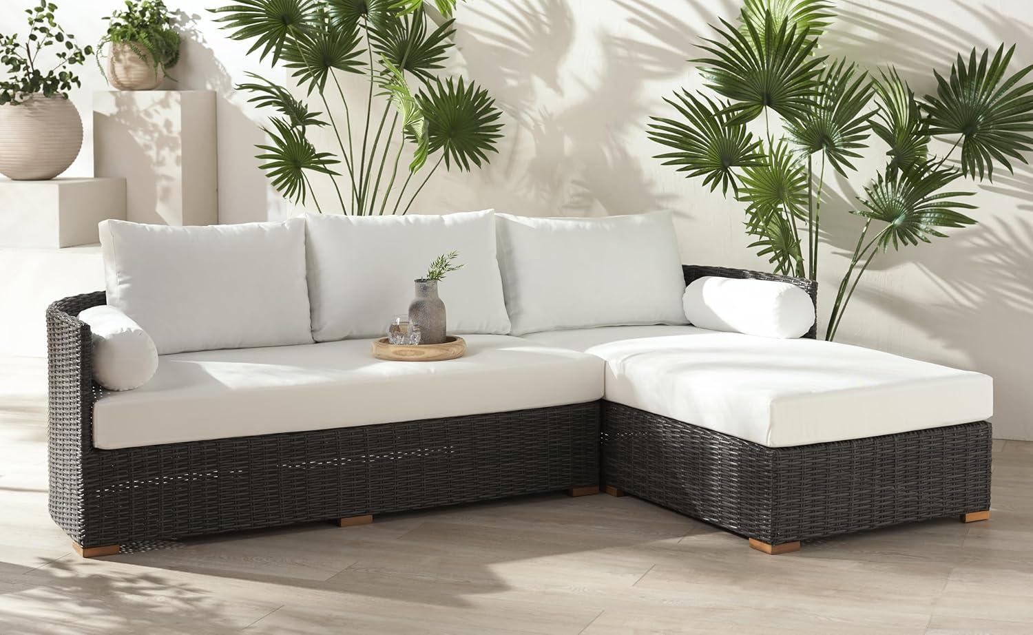 image:imageSAFAVIEH Couture Outdoor Collection Anguilla Dark GreyWhite Wicker Solid Wood Chaise Sofa Fully AssembledDark GreyWhite