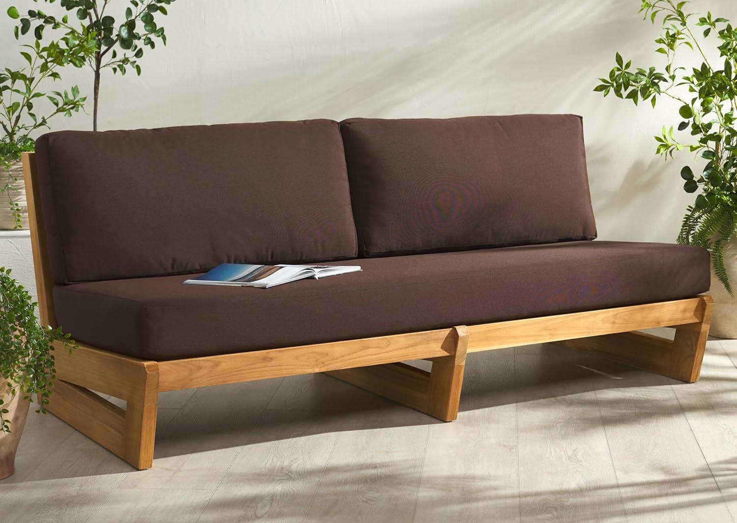 image:imageSAFAVIEH Couture Outdoor Collection Julianne NaturalBrown Teak Solid Wood Patio SofaNaturalDark Brown