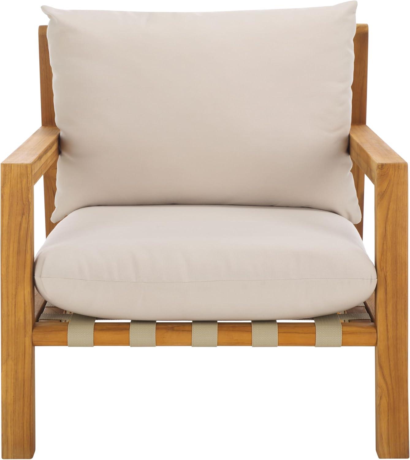 image:imageSAFAVIEH Couture Outdoor Collection Trinidad NaturalWhite Cushion Solid Teak Wood Patio Accent Chair