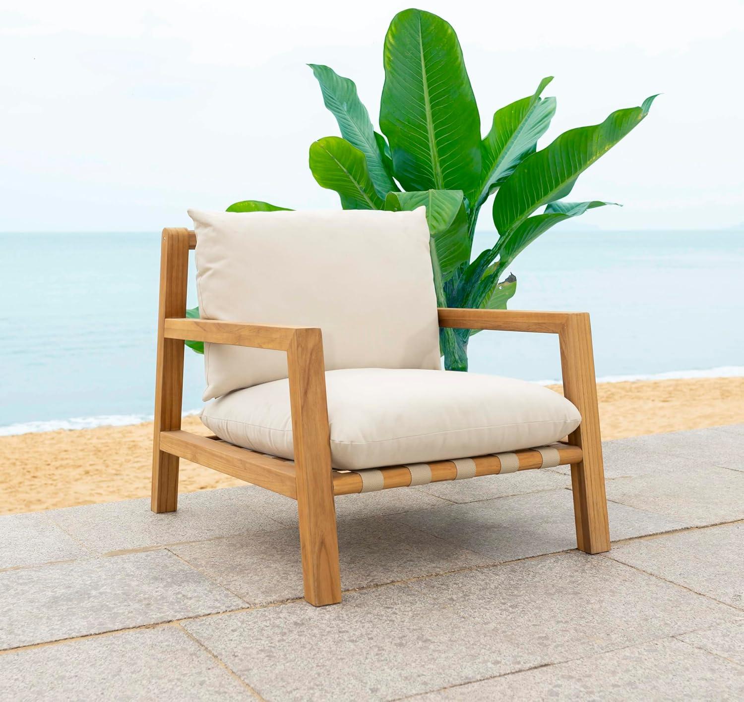 image:imageSAFAVIEH Couture Outdoor Collection Trinidad NaturalWhite Cushion Solid Teak Wood Patio Accent Chair