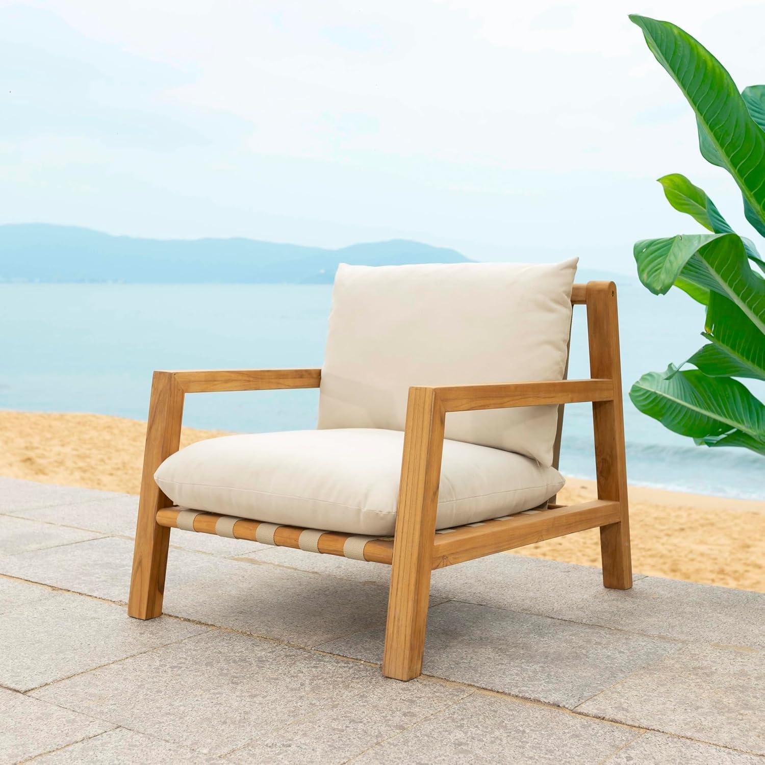 image:imageSAFAVIEH Couture Outdoor Collection Trinidad NaturalWhite Cushion Solid Teak Wood Patio Accent Chair