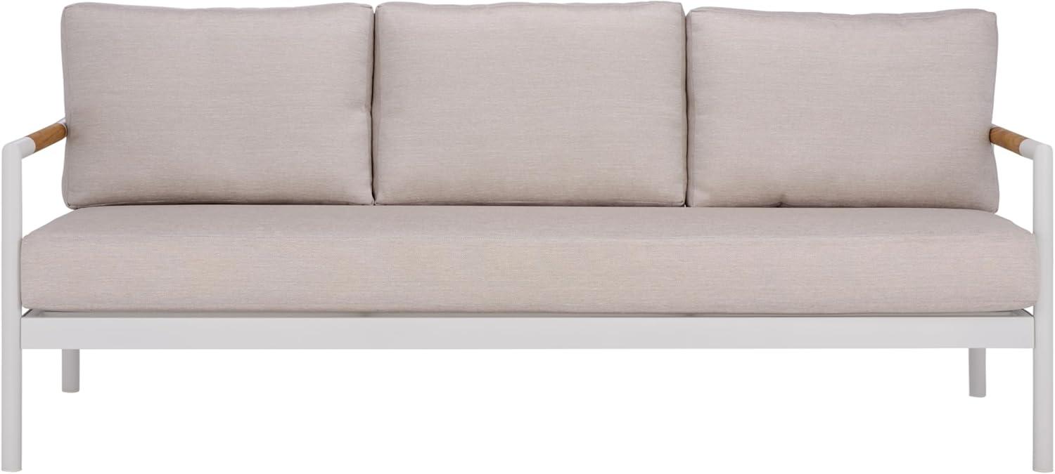 image:imageSAFAVIEH Couture Outdoor Patio Furniture Collection Chryssa 3Seater Sofa White Aluminum Frame with Natural Teak Wood Armrests amp Beige Cushions CPT4008AWhiteBeige