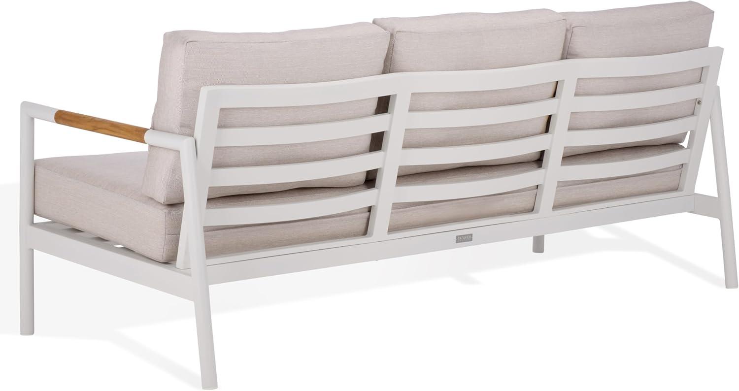 image:imageSAFAVIEH Couture Outdoor Patio Furniture Collection Chryssa 3Seater Sofa White Aluminum Frame with Natural Teak Wood Armrests amp Beige Cushions CPT4008AWhiteBeige