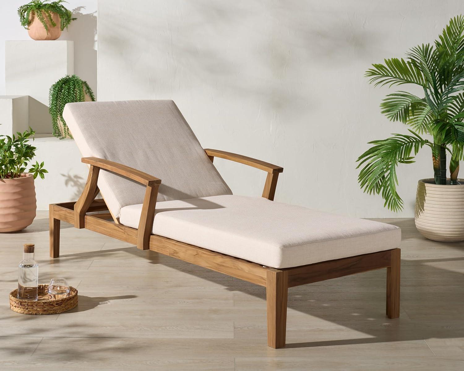 image:imageSAFAVIEH Couture Outdoor Patio Furniture Collection Martinique Chaise Lounge Chair Natural Teak Solid Wood with Removable White Cushions CPT1066HWhiteNatural Teak