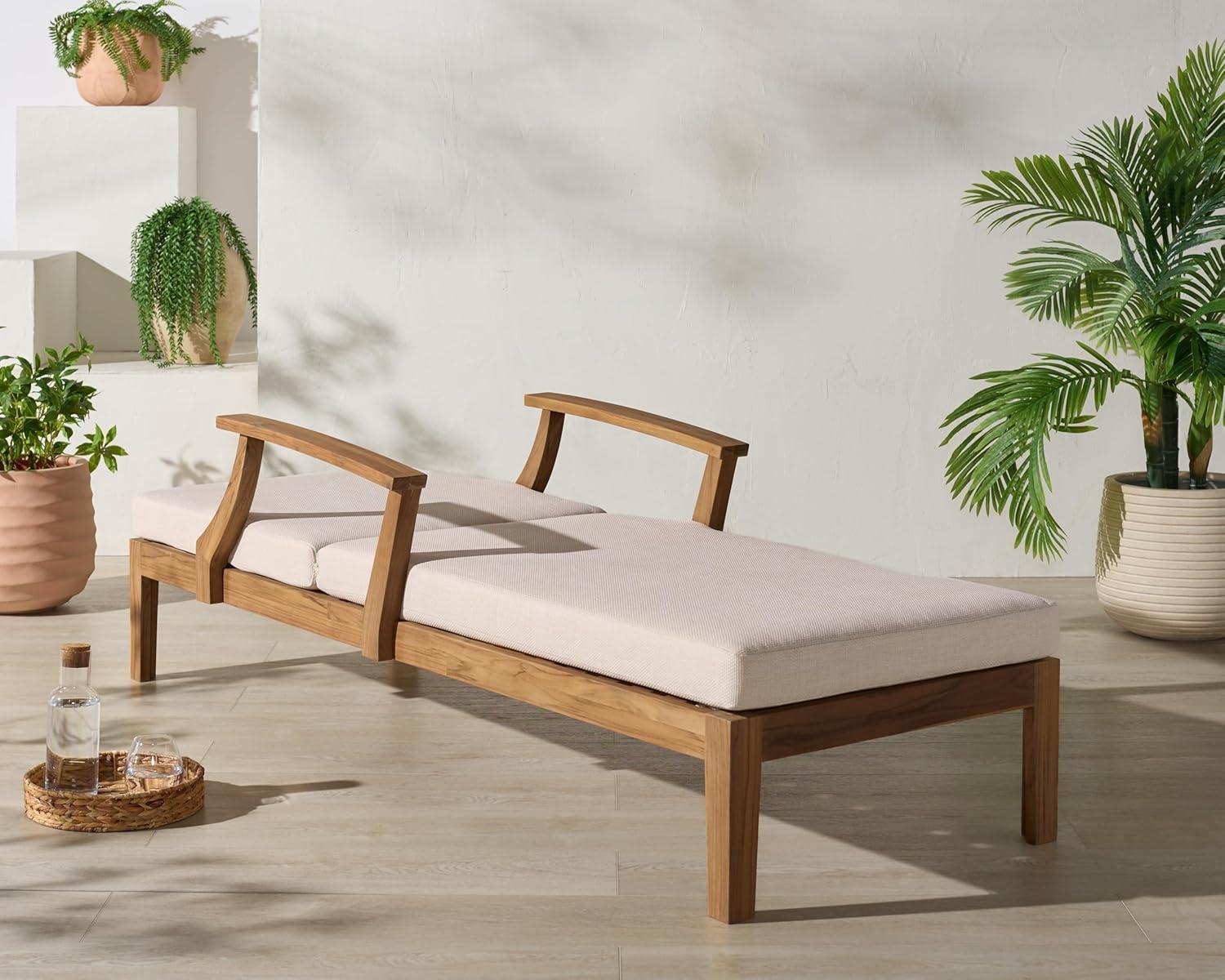 image:imageSAFAVIEH Couture Outdoor Patio Furniture Collection Martinique Chaise Lounge Chair Natural Teak Solid Wood with Removable White Cushions CPT1066HWhiteNatural Teak