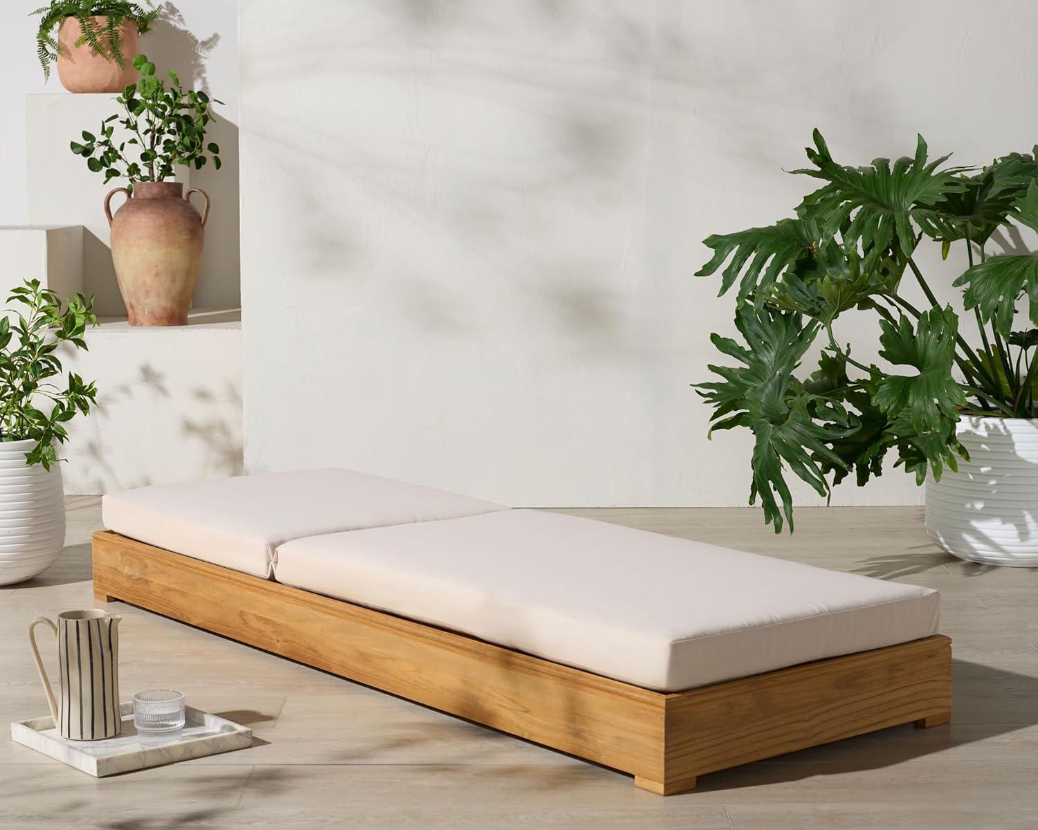 image:imageSAFAVIEH Couture Outdoor Patio Furniture Collection Montford Brazilian Teak Chaise Lounge with Beige Cushions Adjustable Backrest CPT1065Natural TeakBeige