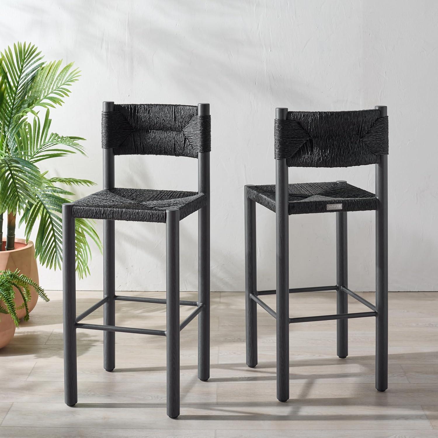 image:imageSAFAVIEH Couture Outdoor Patio Furniture Collection Romona Tropical Bar Stool Set of 2 Black Woven Rattan Design 30Inch Fully Assembled CPT4001ABlack