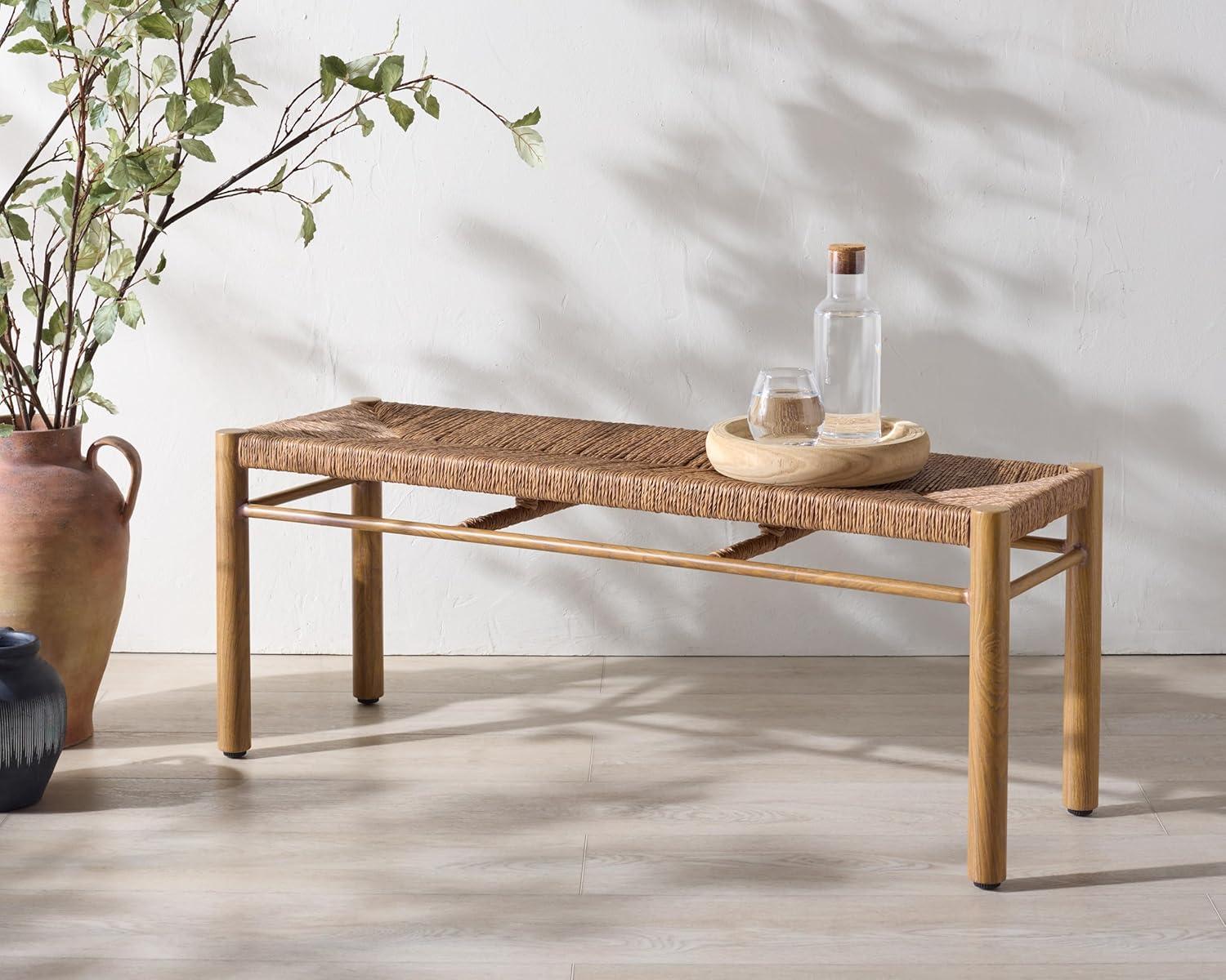 image:imageSAFAVIEH Couture Outdoor Patio Furniture Collection Romona Tropical Bench Natural Brown Rectangular with Woven Seat Fully Assembled CPT4002ANatural