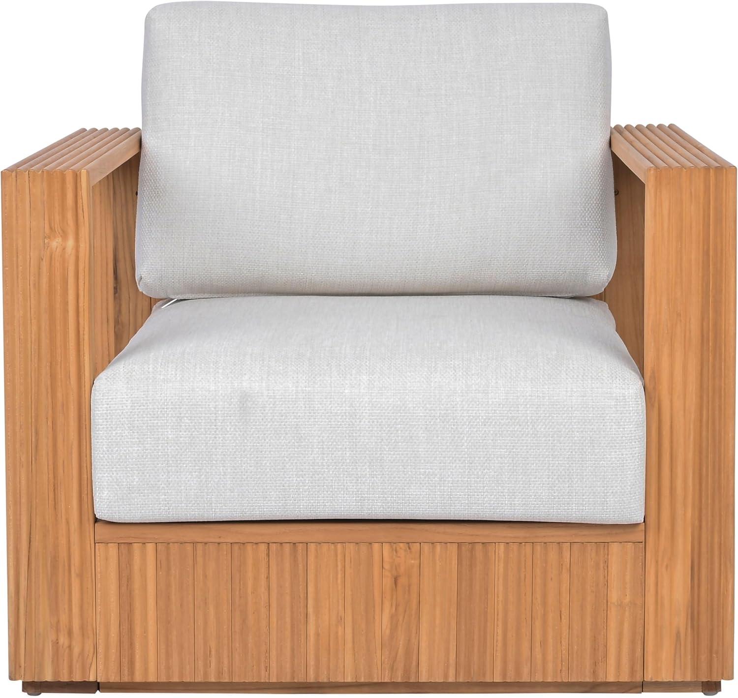 image:imageSAFAVIEH Couture Outdoor Patio Furniture Collection Saint Lucia Natural Teak Wood Patio Chair with White Cushions Reeded Outdoor Accent Chair CPT1072ANaturalWhite