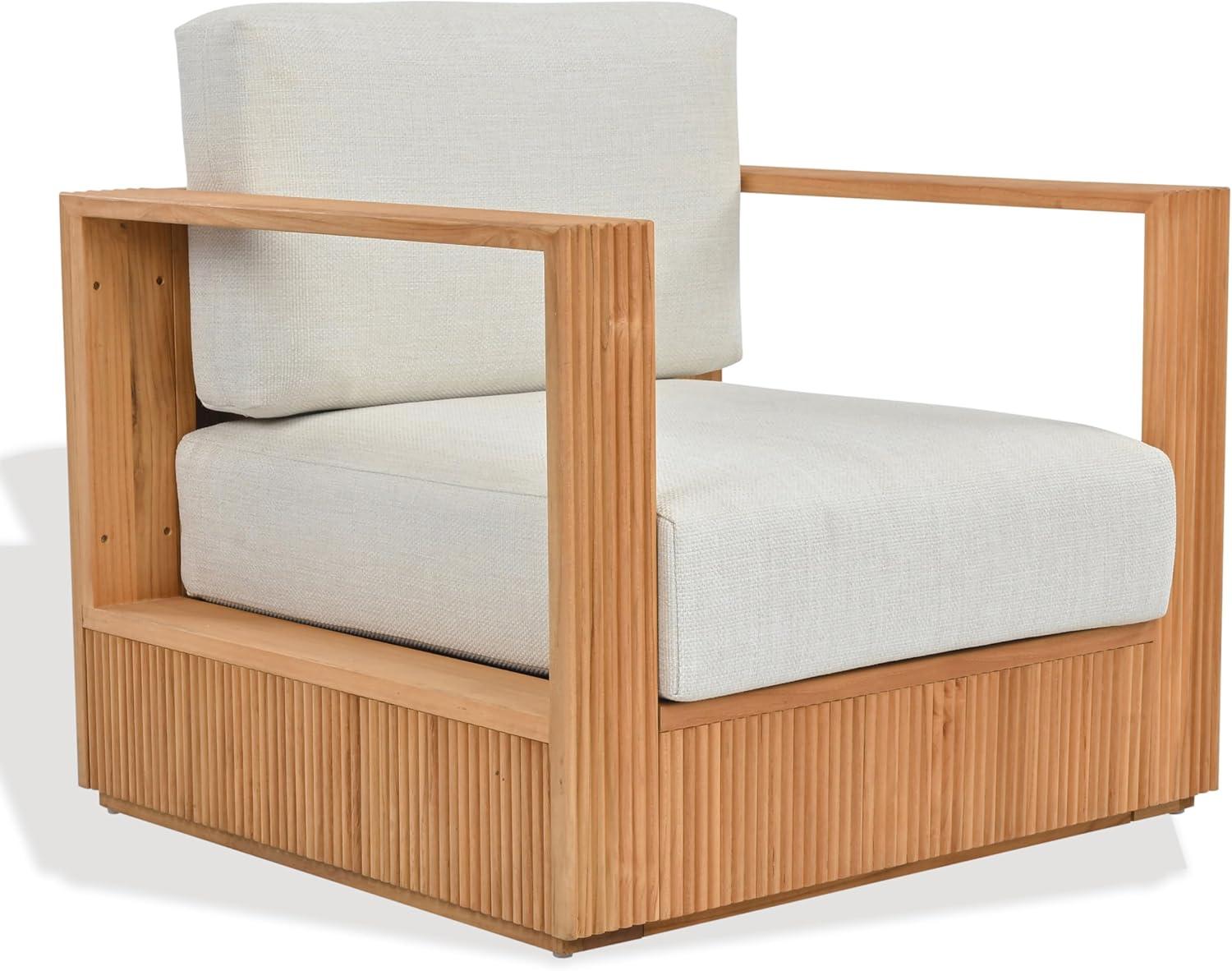 image:imageSAFAVIEH Couture Outdoor Patio Furniture Collection Saint Lucia Natural Teak Wood Patio Chair with White Cushions Reeded Outdoor Accent Chair CPT1072ANaturalWhite