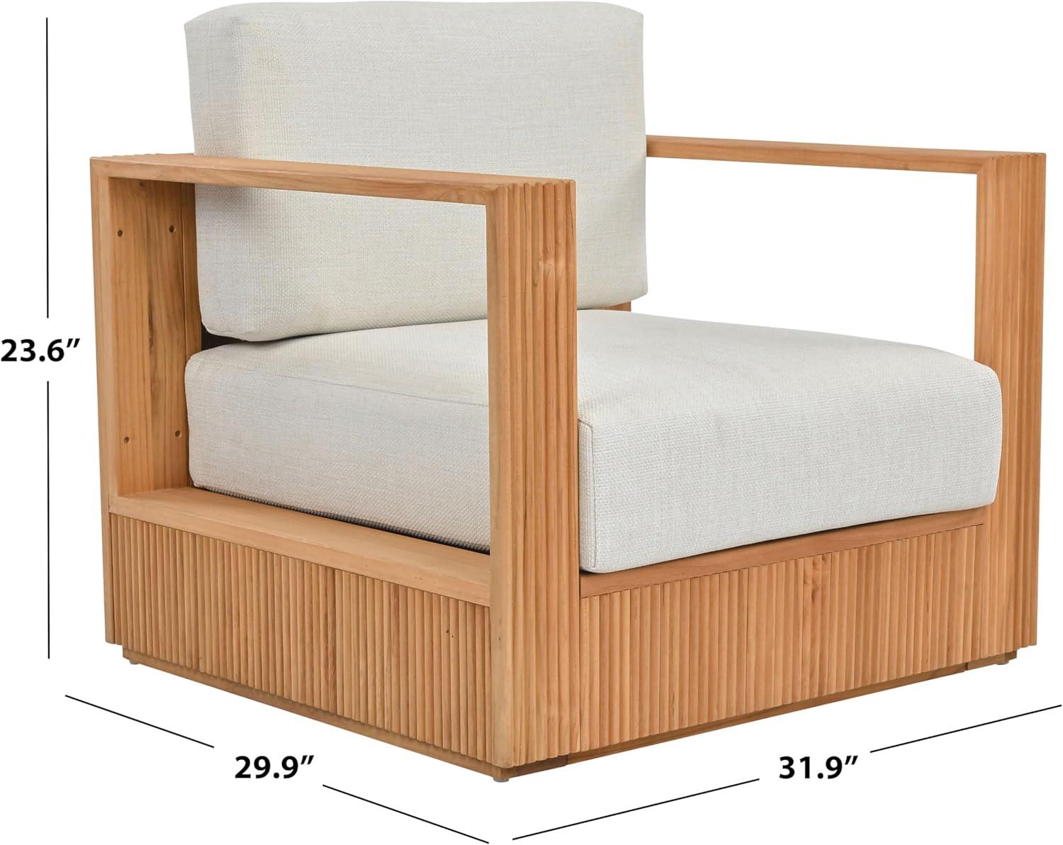 image:imageSAFAVIEH Couture Outdoor Patio Furniture Collection Saint Lucia Natural Teak Wood Patio Chair with White Cushions Reeded Outdoor Accent Chair CPT1072ANaturalWhite