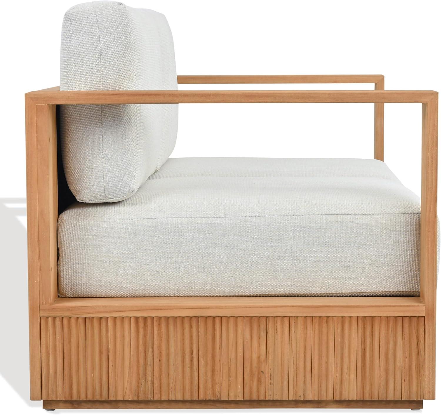 image:imageSAFAVIEH Couture Outdoor Patio Furniture Collection Saint Lucia Natural Teak Wood Patio Loveseat with White Cushions Reeded Outdoor Loveseat CPT1073ANaturalWhite