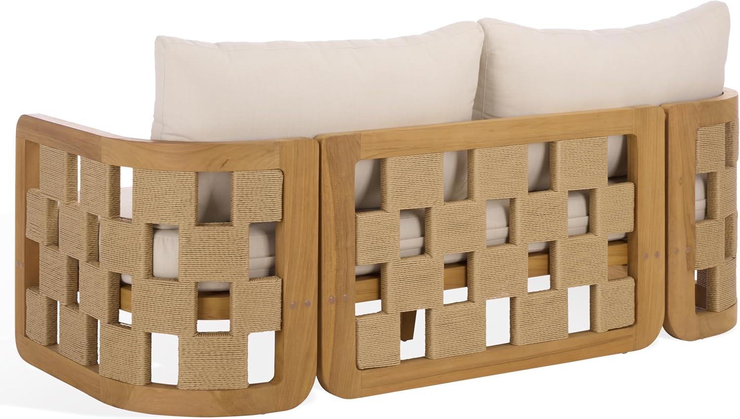 image:imageSAFAVIEH Couture Outdoor Patio Furniture Collection Skipper Teak Natural amp Beige Solid Wood Sofa Modern Coastal WovenPanel Design Outdoor Lounge Seating CPT2011ANaturalBeige