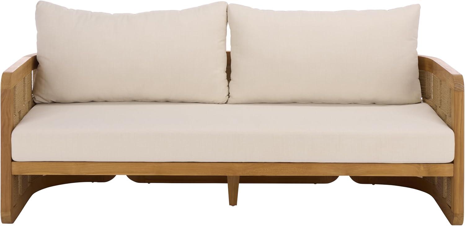 image:imageSAFAVIEH Couture Outdoor Patio Furniture Collection Skipper Teak Natural amp Beige Solid Wood Sofa Modern Coastal WovenPanel Design Outdoor Lounge Seating CPT2011ANaturalBeige