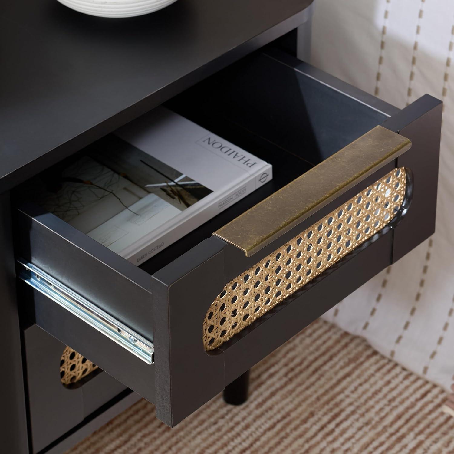 image:imageSAFAVIEH Home Collection Brey Walnut amp Brass 2Drawer Nightstand MidCentury Cane Accent Bedside Table NST3107ABlackBrass