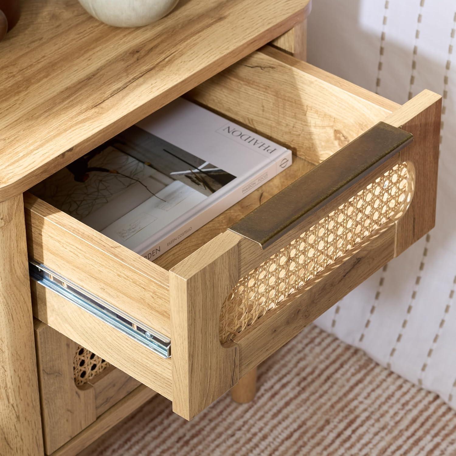 image:imageSAFAVIEH Home Collection Brey Walnut amp Brass 2Drawer Nightstand MidCentury Cane Accent Bedside Table NST3107AOakBrass