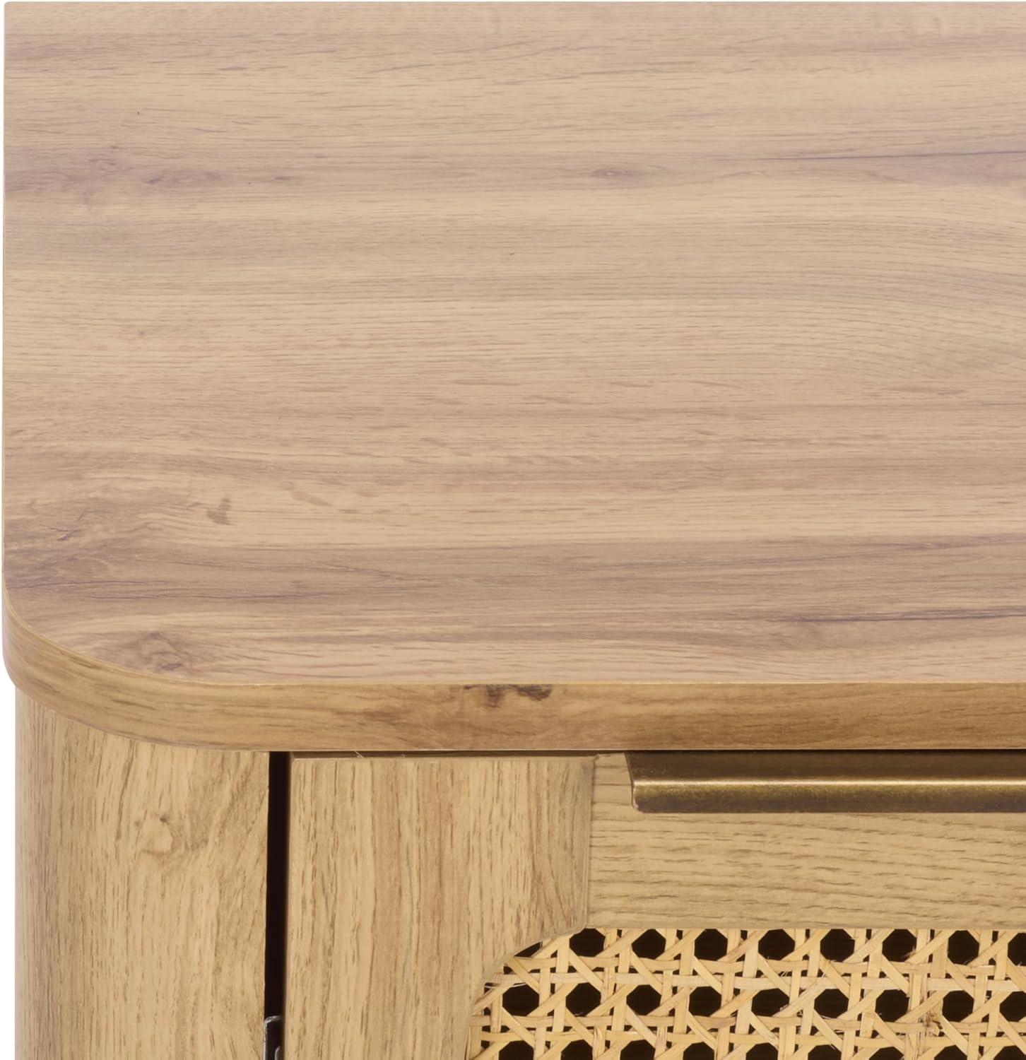 image:imageSAFAVIEH Home Collection Brey Walnut amp Brass 2Drawer Nightstand MidCentury Cane Accent Bedside Table NST3107AOakBrass