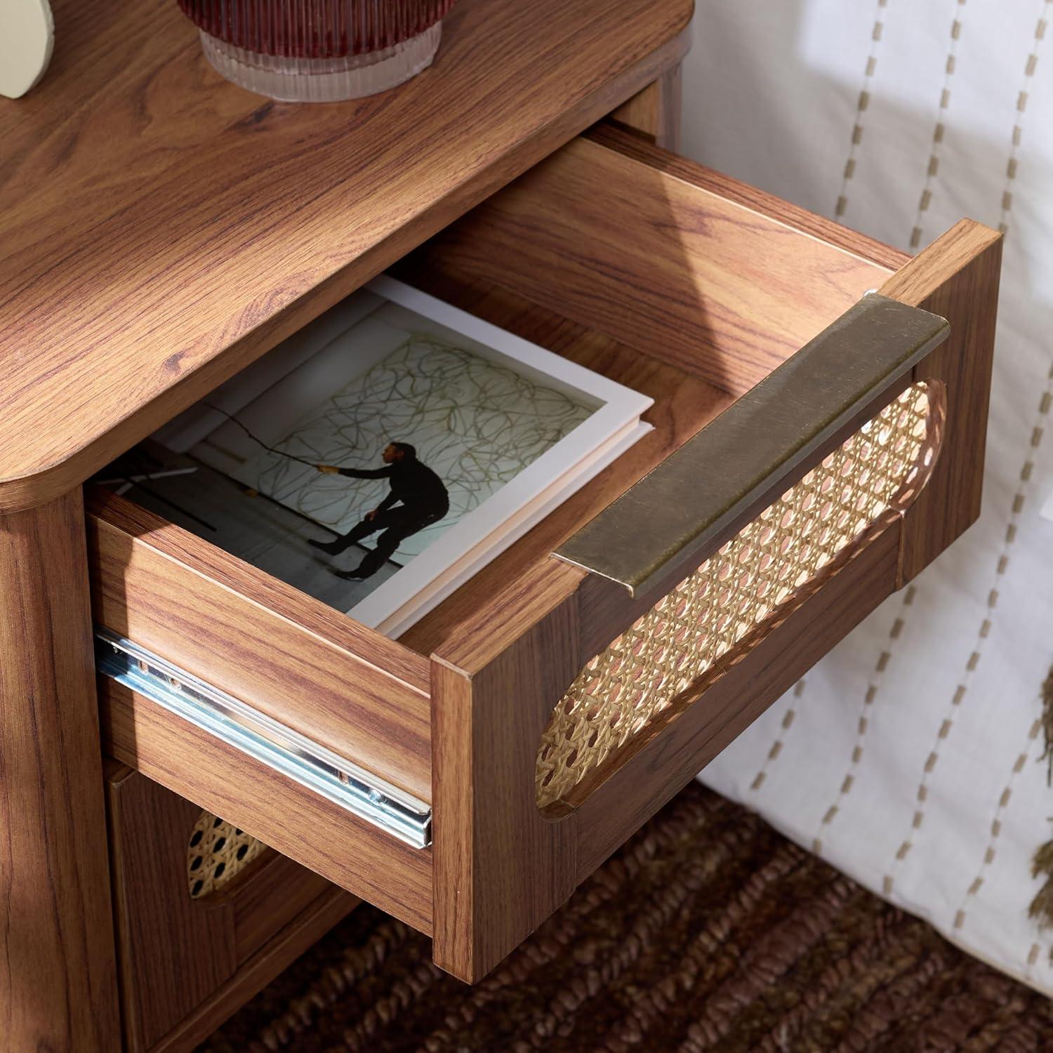 image:imageSAFAVIEH Home Collection Brey Walnut amp Brass 2Drawer Nightstand MidCentury Cane Accent Bedside Table NST3107AWalnutBrass