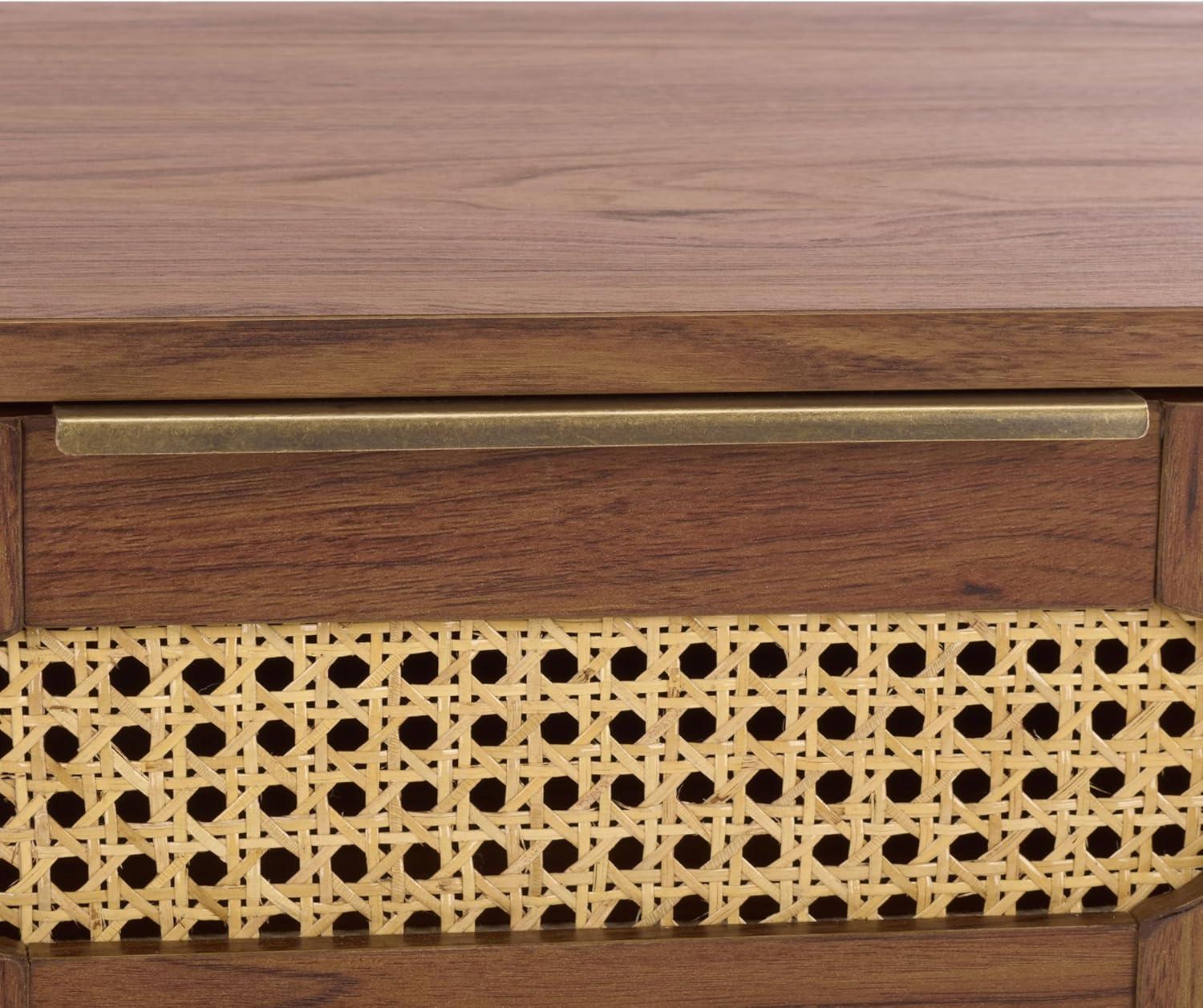 image:imageSAFAVIEH Home Collection Brey Walnut amp Brass 2Drawer Nightstand MidCentury Cane Accent Bedside Table NST3107AWalnutBrass